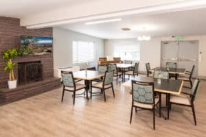 Dining room with fireplace at Eagle Ridge Post Acute